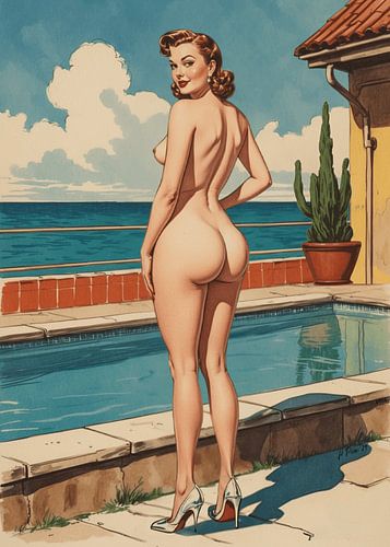 Gouden Uur in Portugal, een vintage pin-upillustratie