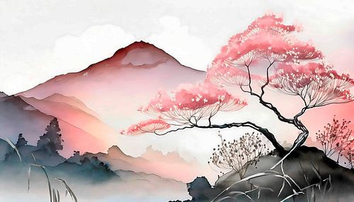 Peinture japonaise : paysage de montagne japonais avec arbre en fleurs