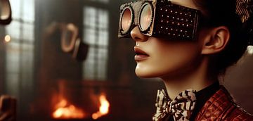 Steampunk vrouw met gloeibril in werkplaats van Frank Heinz