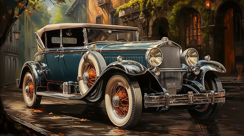 Oude oldtimer rijdt door de straten van een stad in de jaren 1920 Schilderij Kunst Ontwerp van Animaflora PicsStock