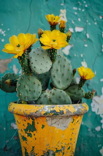 Cactusbloemen in een kleurrijke pot