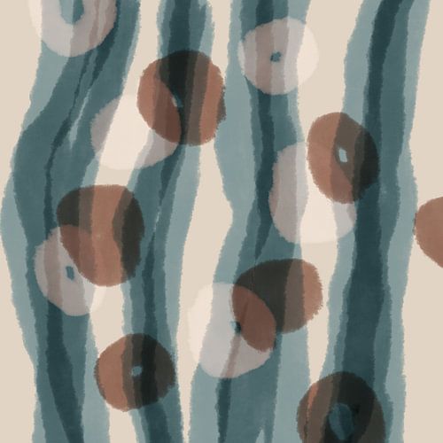 Japandi. Organische vormen in bruin, wit en groenblauw.