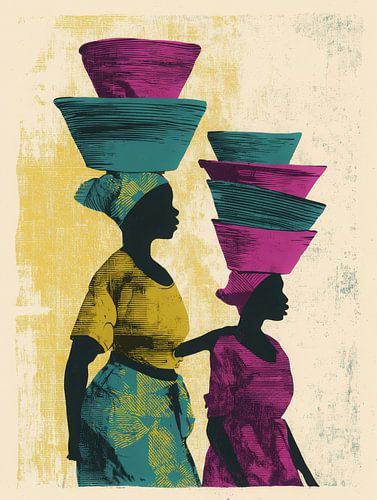Silhouette stylistique africaine de femmes avec des paniers