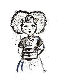 Ink drawing Zeeland girl with cake by Debbie van Eck
