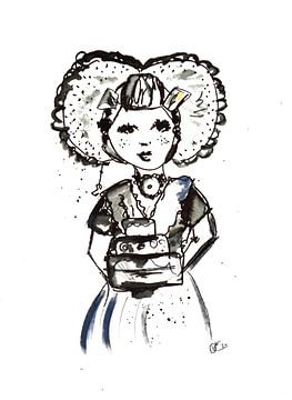Inkttekening Zeeuws meisje met taart van Debbie van Eck