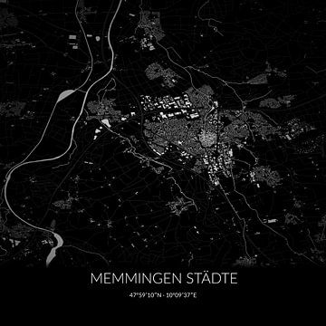Carte en noir et blanc de Memmingen Städte, Bayern, Allemagne. sur Rezona