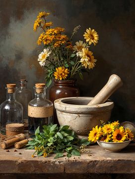 Kruiden en bloemen op apothekerstafel. Stilleven van Basahen