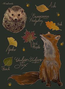 Fuchs und Igel mit Herbstlaubszene von Wies de Ruiter