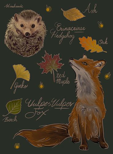 Fox and hedgehog with autumn leaves scene by Wies de Ruiter