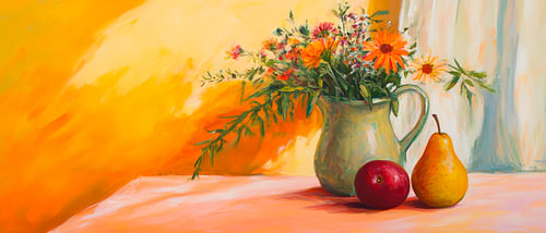 Bloemen en fruit op een gloeiende tafel