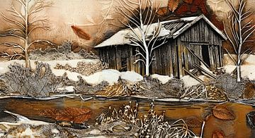 Winter rivierlandschap met hut van Nick Wendt