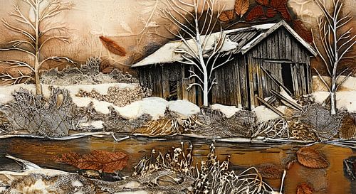 Winter rivierlandschap met hut