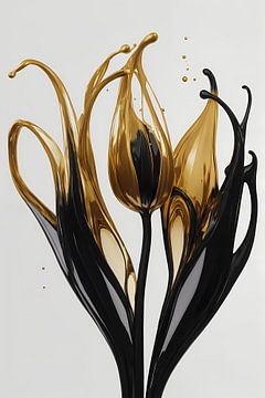 Silhouette abstraite de tulipes dorées et noires sur De Muurdecoratie
