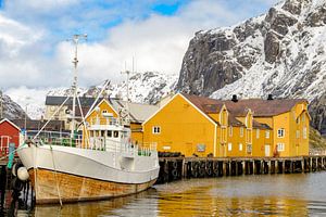 View on Nusfjord harbour in winter in the Lofoten in Norway