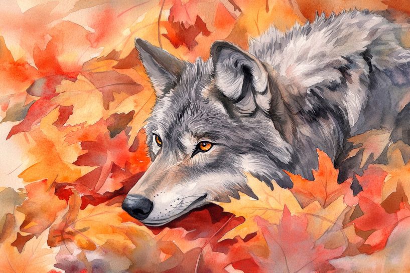 Wolf in autumn leaves: peace and grace by Poster Art Shop