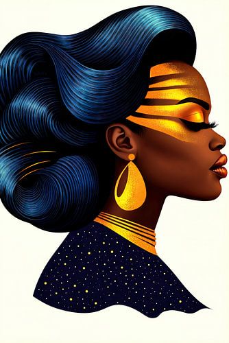 Modemodel met gouden make-up en blauw haar