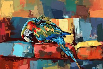 Colourful parrot on abstract bench by Imperial Art House