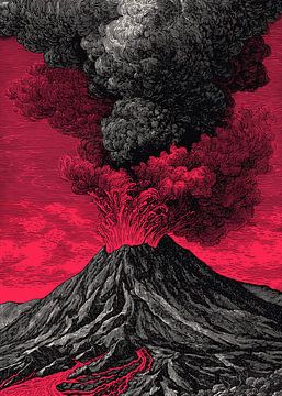 Vulkaanuitbarsting in rood licht