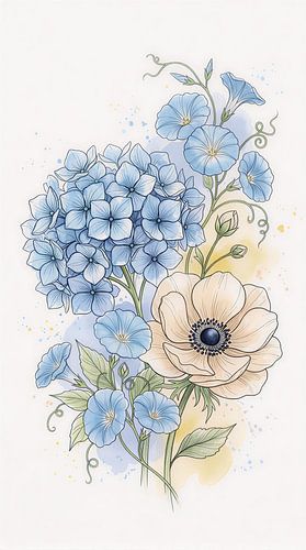 Minimalistischer Kunstdruck in Aquarelltechnik mit blauen Hortensien und Anemonen