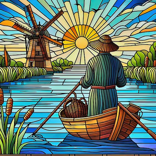 Mann im Boot im Stil der Glasmalerei von Digital Art Nederland