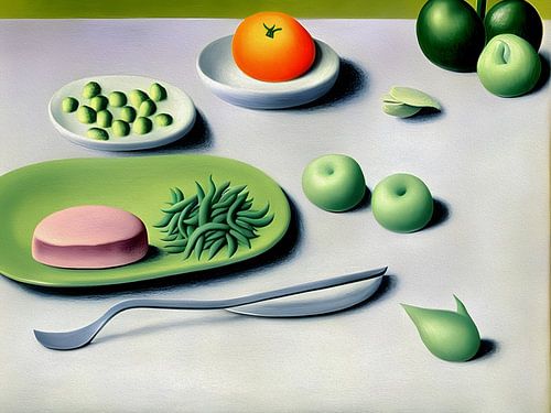 Een tafel met surrealistisch eten