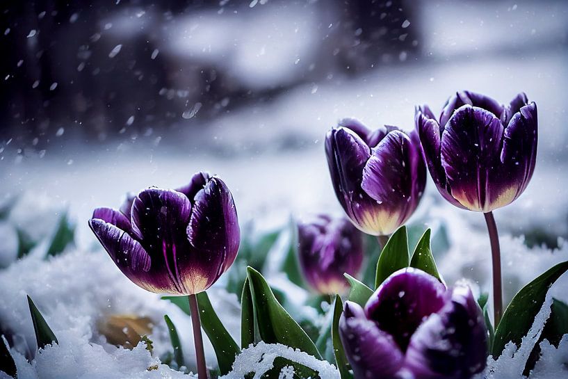 Tulpen in de sneeuw, Art Illustration 02 van Animaflora PicsStock