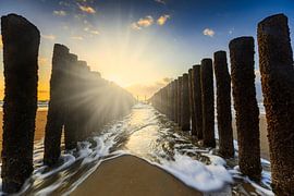 Nuages hollandais et brise-lames typiques de poteaux en bois le long de la côte zélandaise sur gaps photography