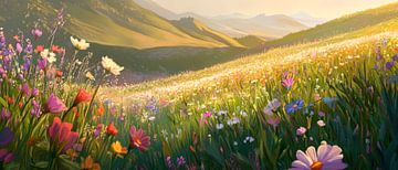 Bloeiend weidelandschap in het ochtendlicht