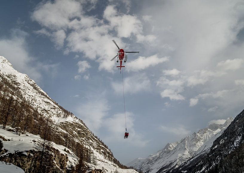 Two men hanging under a helicopter by Willem van den Berge