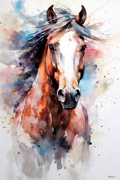 Aquarelle abstraite en couleurs d'un cheval. sur Gelissen Artworks