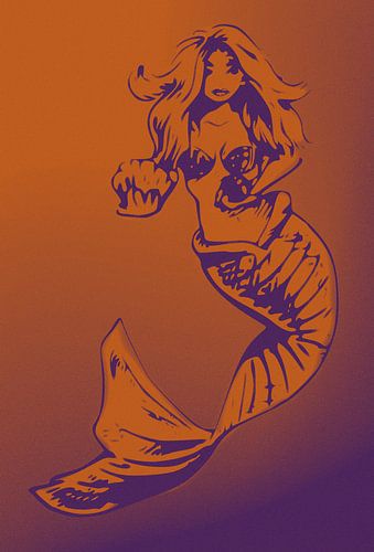 Duotone artwork in oranje en paars zeemeermin met schelp en parel
