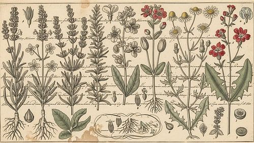 Antieke Botanische Kruidenkunde en Wilde Bloemen Studie