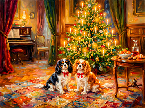 Cavalier Spaniels by Christmas Tree
