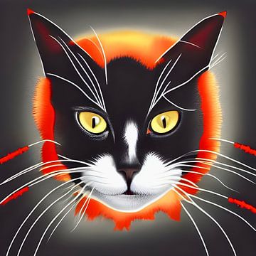 Schwarz-weiße Katze mit feurigem Hintergrund - Digitaler Kunstdruck von Lily van Riemsdijk - Art Prints with Color