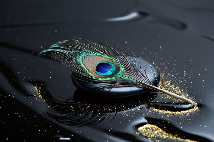 Peacock feather on glossy black by Art & Soul Creations