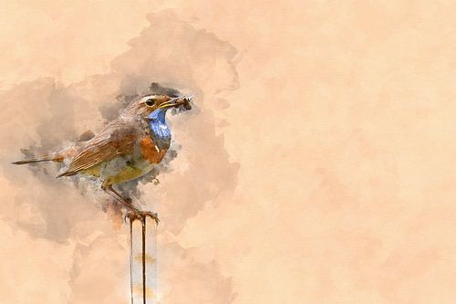 Blauwborst met vlieg staand op een paaltje (kunst)