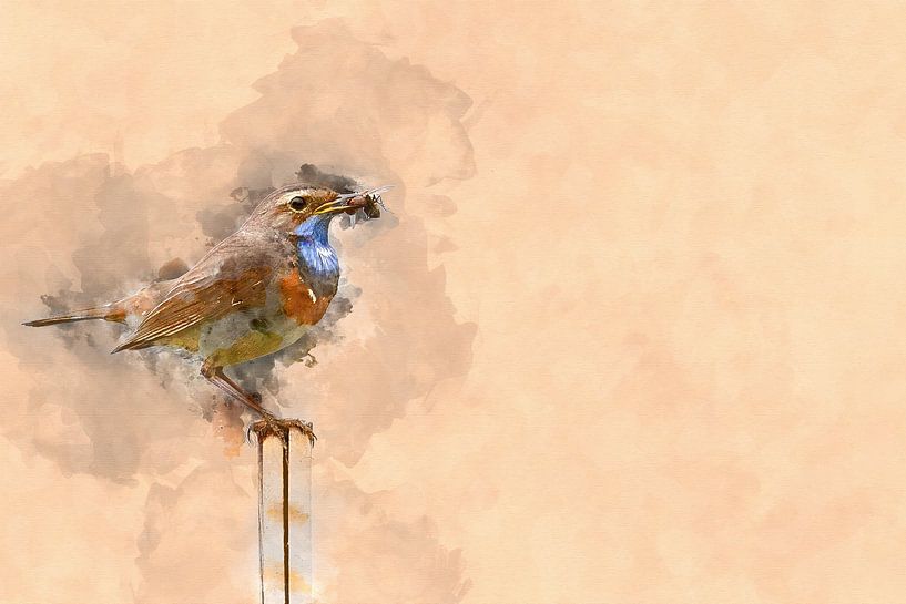 Blaukehlchen mit Fliege auf einer Stange stehend (Kunst) von Art by Jeronimo