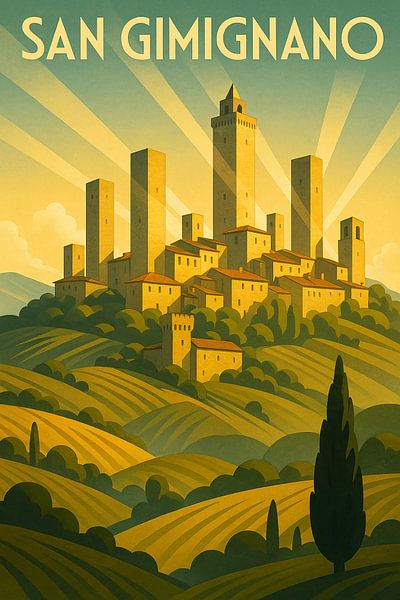 San Gimignano Towers – Vintage Art Deco Wall Art by Travel Shop