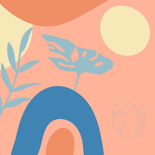 Zomertijd. Tropische botanische abstracte bladeren in terracotta, blauw en geel nr. 6_2