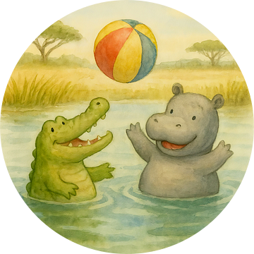 Nijlpaard en krokodil spelen bal (AI) (rivier, waterpret, samen spelen, kinderkamer, poster, Afrika, pastelkleuren, lief, schattige dieren)