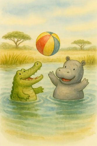 Nijlpaard en krokodil spelen bal (AI) (rivier, waterpret, samen spelen, kinderkamer, poster, Afrika, pastelkleuren, lief, schattige dieren)