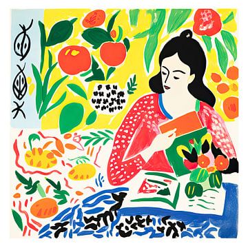 Zittende vrouw aan tafel in vrolijke kleuren van Vlindertuin Art