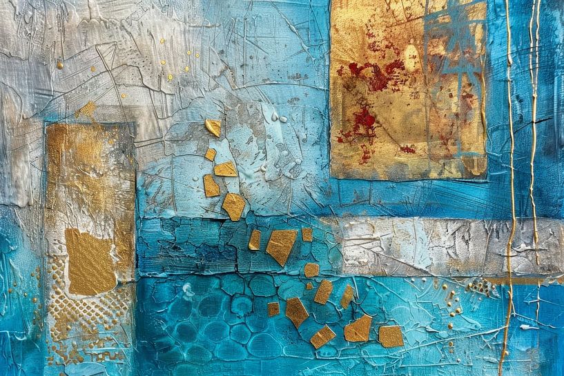 Abstract schilderij in turquoise en goud  “Harmony in Blue and Gold “ van Joriali Abstract