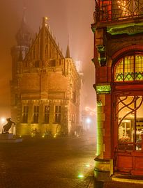 Old Town Hall and Art Nouveau shop in Kampen in the fog
