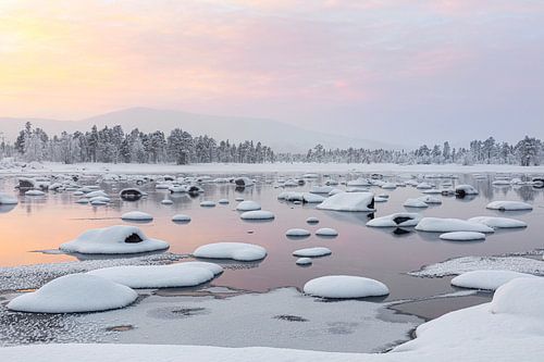 Spectaculair winters landschap met pastel kleuren in Zweeds Lapland