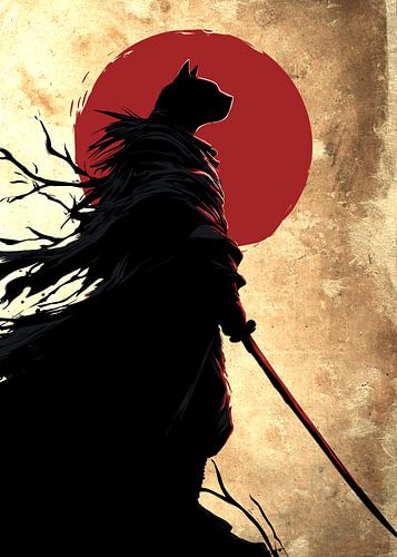 Silhouette de samouraï devant un soleil rouge