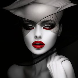 Dame mystique aux lèvres rouges, photographie en noir et blanc