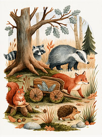Forest animals by a wooden cart, amongst acorns and autumn leaves in the woods by Floral Abstractions