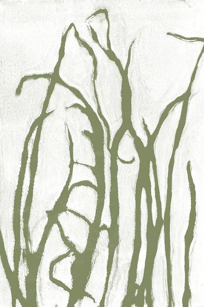 Green grass   in Japandi style. Modern botanical  art in pastel warm green and white. by Dina Dankers