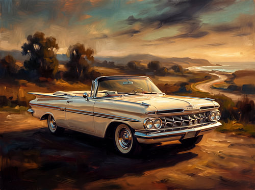 Une Chevrolet Impala bleu sarcelle au crépuscule doré